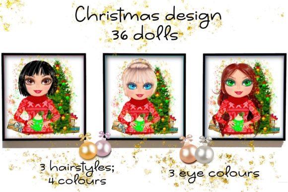 36 Christmas Dolls. 12 Long, Short, Bun Illustrations