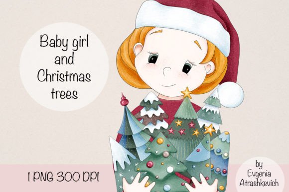 Baby Girl and Christmas Tree Sublimation Illustrations