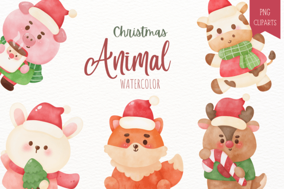 Christmas Animal New Year Watercolor Illustrations