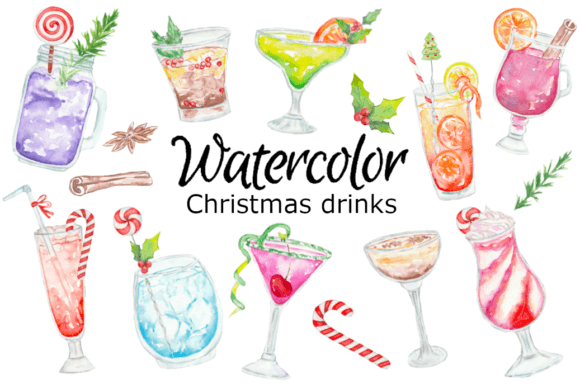 Christmas Drinks Watercolor Clipart for Editorial Use