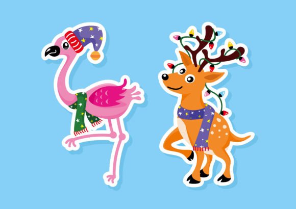 Christmas Flamingo Deer Stiker Clipart for Modern Illustrations