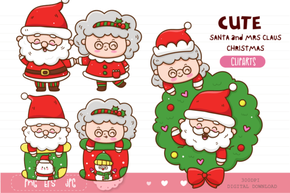 Cute Santa and Mrs Claus, Christmas Cute Illustrations