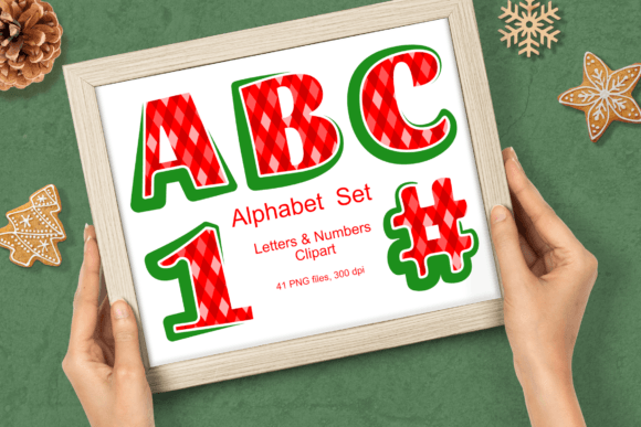 Green Red Argyle Christmas Alphabet Set Illustrations