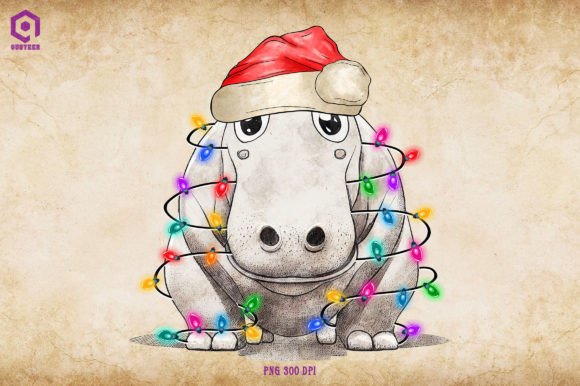 Hippopotamus Christmas Tree Lights Illustration