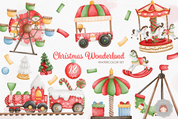 Watercolor Christmas Wonderland Clipart for Editorial Use