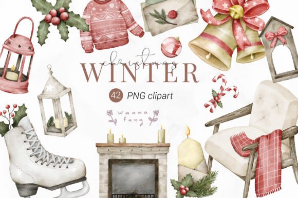 Watercolor Winter Christmas Clipart, PNG for Branding and Illustrations